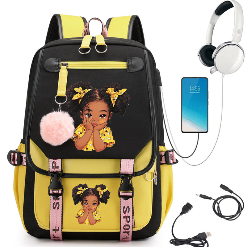Zaino da scuola per ragazze con stampa ragazza nera multicolore borsa da scuola per cartoni animati carina per studenti adolescenti Bookbag zaino per adolescenti per Laptop