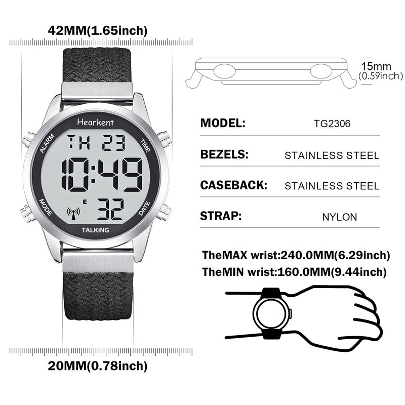 Gadający zegarek dla niedowidzących zegarków cyfrowych z wyświetlaczem LCD duże liczby dla osób starszych, niewidome zegarki na rękę z nylonowym paskiem
