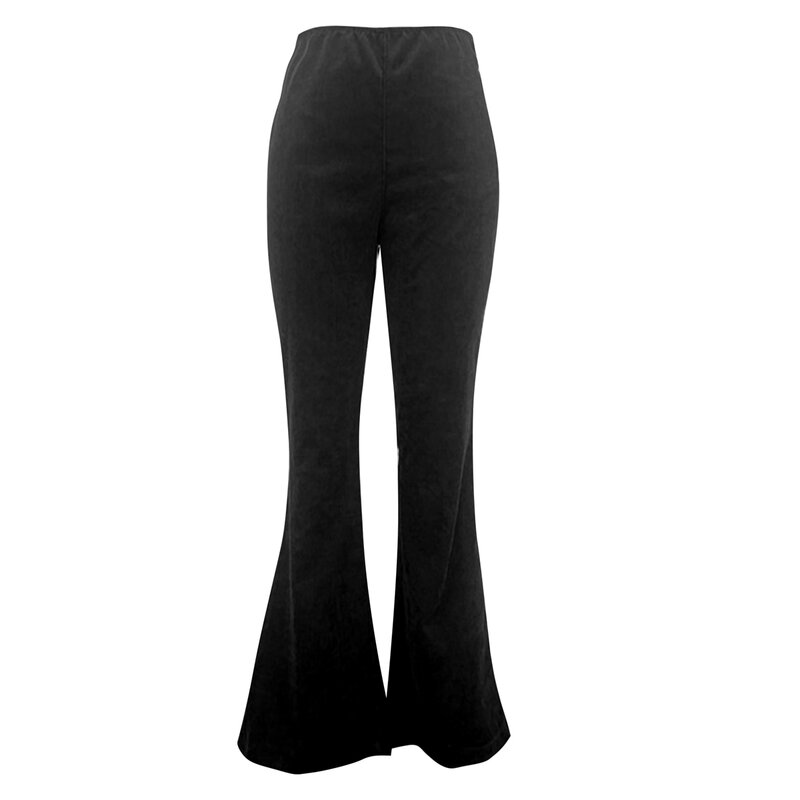 Celana duroi pinggang tinggi wanita, celana panjang kasual korduroi dengan saku, celana panjang ramping bagian bawah dengan saku warna hitam untuk wanita
