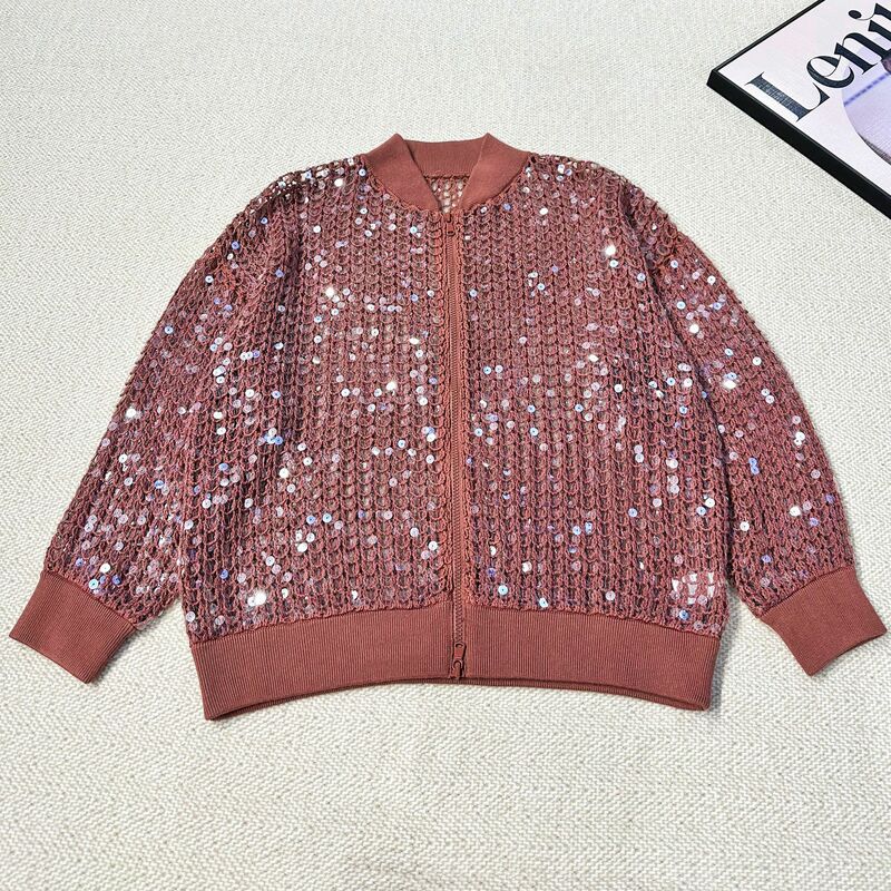 Women's Sparkling Fish Scale Sequin Jacket Brilliant Embroidered Bomber Knit Double Zip Jacket Heavy Industry Luxury Female