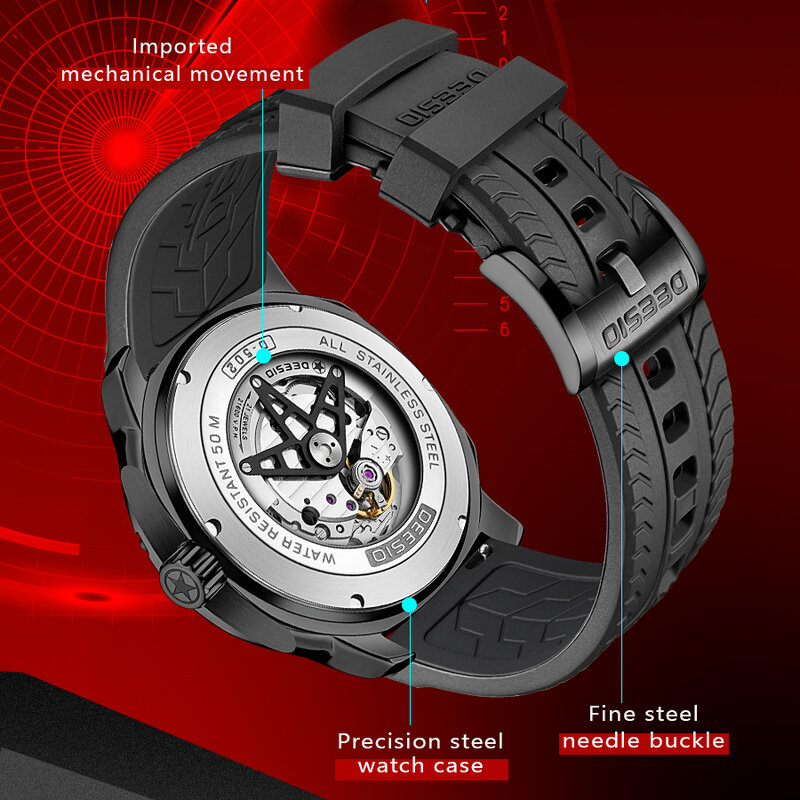 Deesio 2024 Original Luxury Sport Fashion Automatic Mechanical GMT Watch Pointer Display Waterproof Luminous Hollow For Men Gift