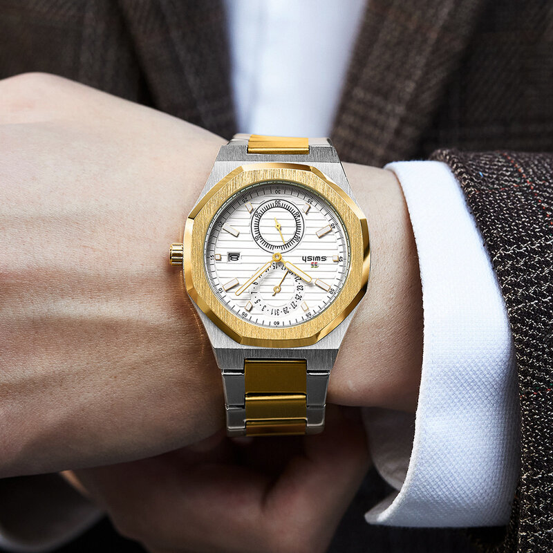 Męski zegarek sześciokątny Patchwork złoty kolor zegarki zegarek biznesowy metalowy zegarek kwarcowy