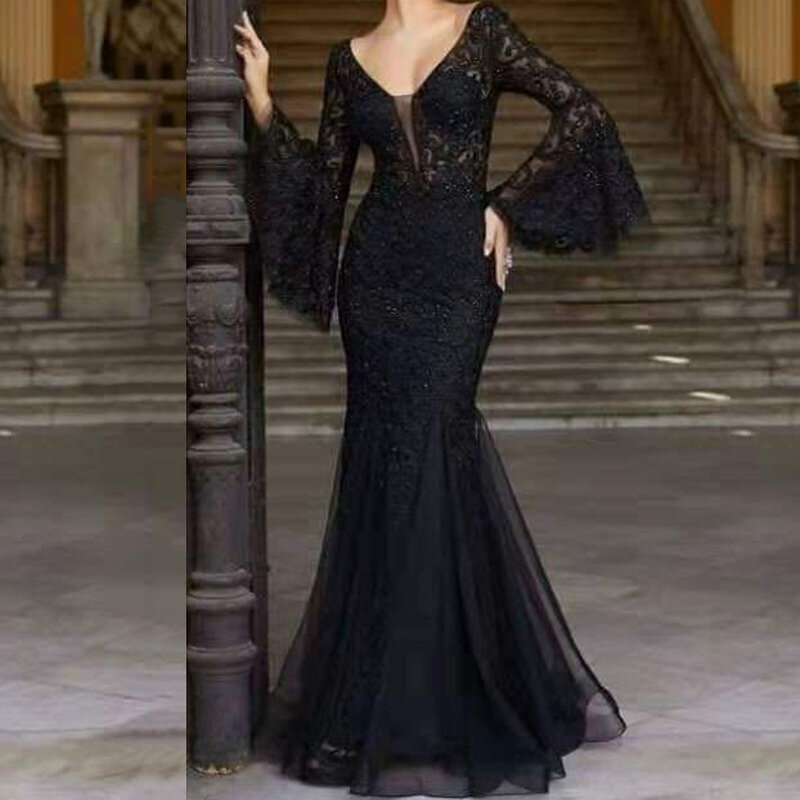 2024 New Lace Embroidered Evening Dress with Elegant and Sexy Appearance Slim Fit Wide Sleeves Fishtail Long Banquet Vneck Dress