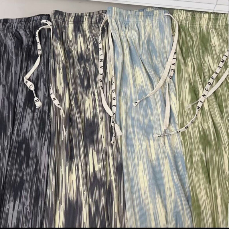 Pantalones coreanos con estampado Tie Dye para mujer, ropa femenina de cintura alta, básica, con cordón, pierna ancha, holgados e informales, Verano