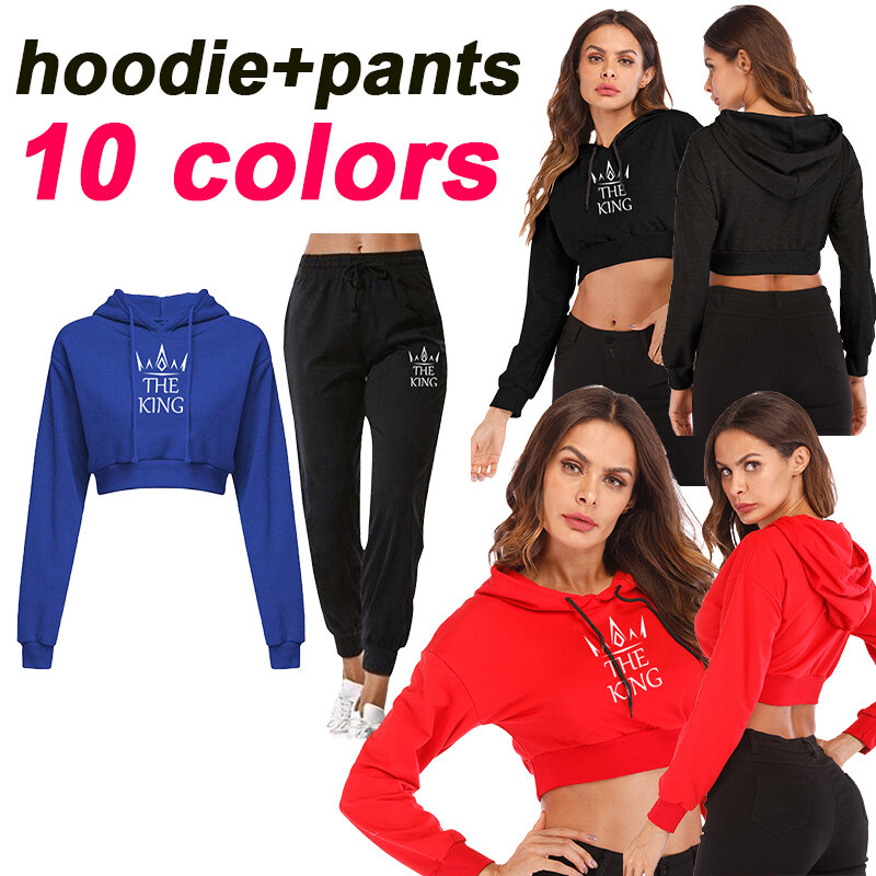 Women's Set Sexy Printing Casual Long Sleeve Hooded Short Sweatshirt Flat Corner Top Pullover and Sweatpants Two Piece Set