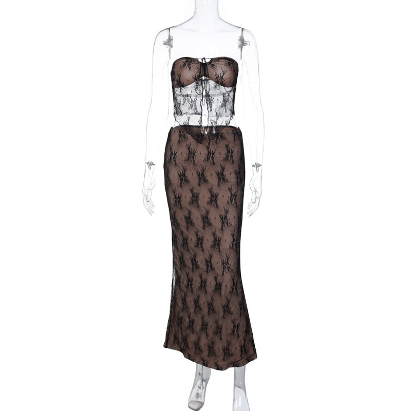 Lygens Lace Spliced High Waist Crop Top Midi Skirt Women'S Sets Elegant 2024 Summer Evening Casual Elegant Streetwear Clothes