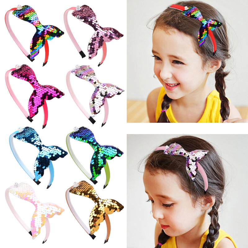女の子のための色とりどりのスパンコール,人魚,真珠,レインボー,手作りのヘアバンド