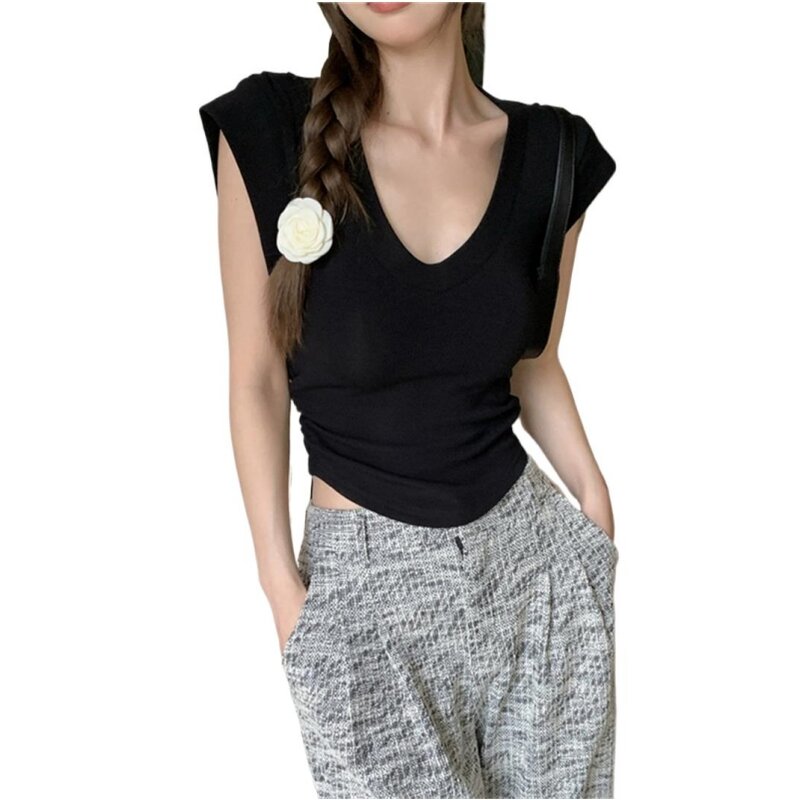 Summer Knitted Cotton Girlish V-Neck Crop Tops Hotsweet Design Sense 2 Side Elastic Tie Up Streetwear Sleeveless Cool Shirts