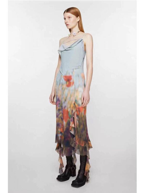 女性のためのハロウィーンのロングドレス,印刷された油絵,ストラップレス,不規則な裾