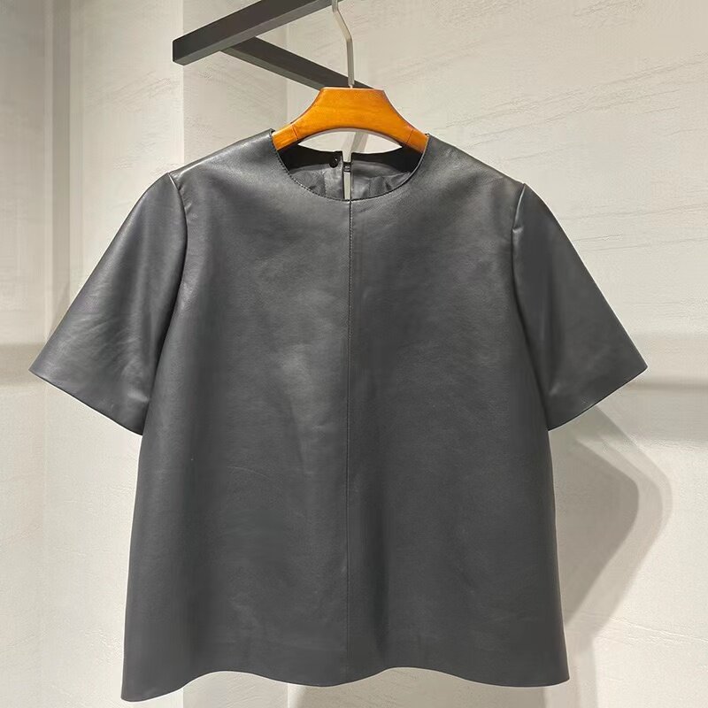 Genuine Leather Tops for Women 2023 Spring/Summer Short Straight Sleeve Round Neck Pullover Shirts & Blouses Thin Suede Blusas