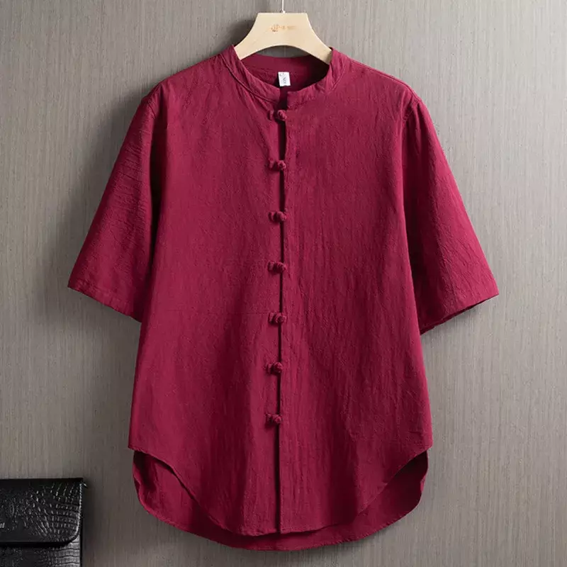 Linen Shirt Men's 2024 Chinese Short-sleeved Vintage Button-down Shirt T-shirt Solid Color Stand-up Collar Loose Large Size Top