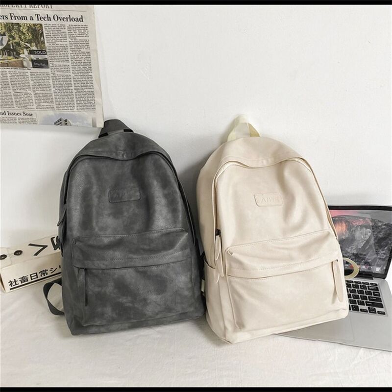 PU Men's Backpack Solid Color Travel Leisure Large Laptop Backpacks Large Capacity Male Schoolbag Pu Computer Backpack