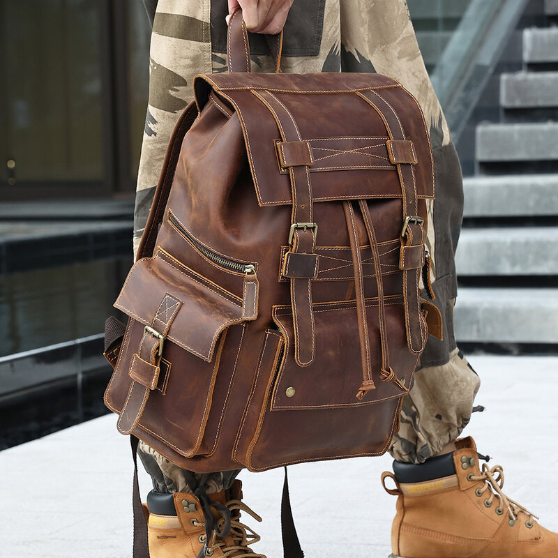 GUJOS-Sac à dos en cuir véritable pour homme, sac de voyage décontracté, sac à dos pour ordinateur portable 17 ", cuir de cheval, chaîne, design tendance, vintage, élan