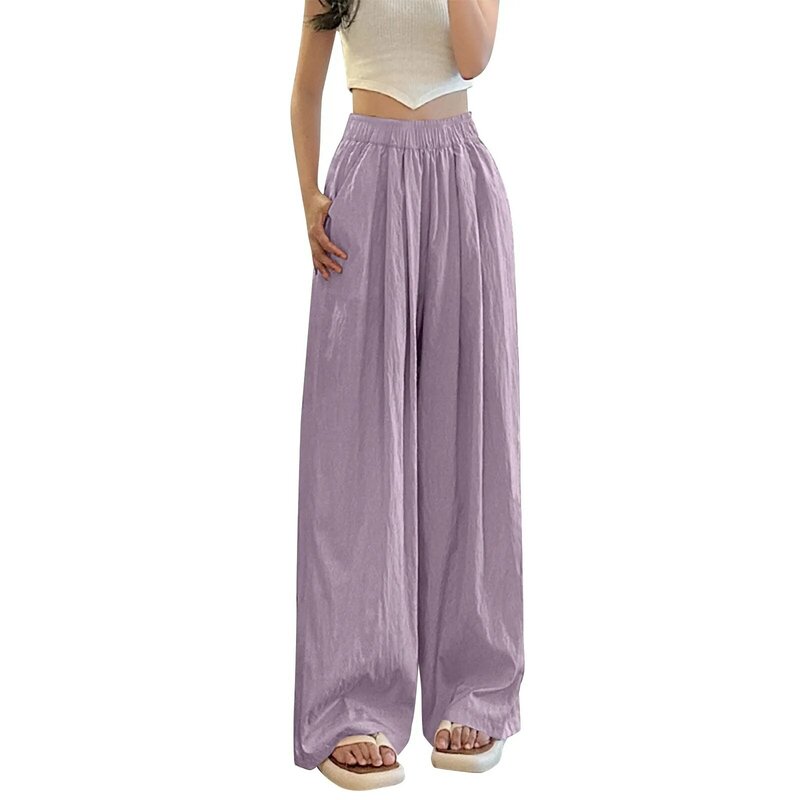 Women'S Ice Silk Wrinkled Pants Summer New Comfortable Loose Solid Wide Leg Trousers Casual Elastic High Waist Matching Pants