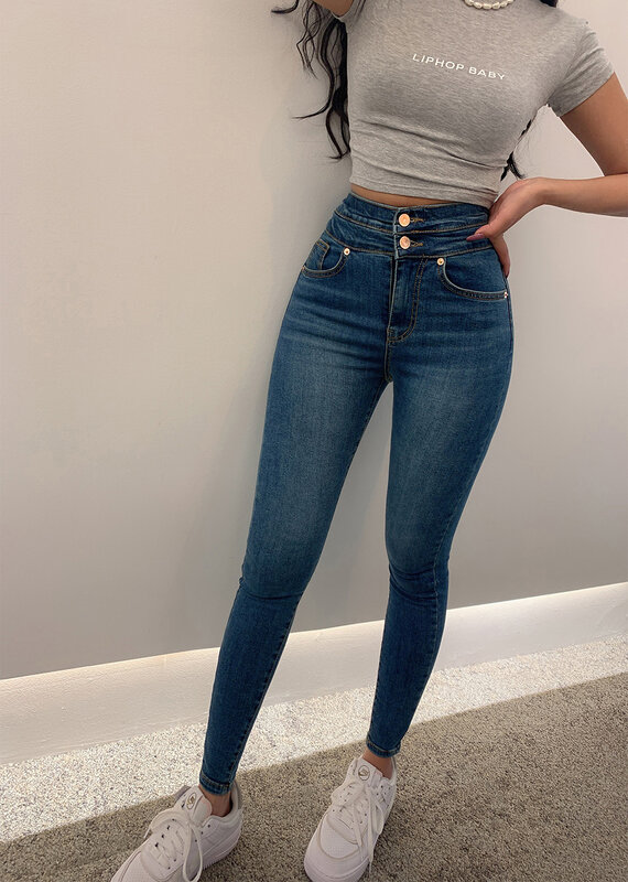 Women's Stretch Pencil Jeans Chic Two Buttons High Waist Skinny Pencil Jeans Lady Streetwear Casual Slim Denim Pants
