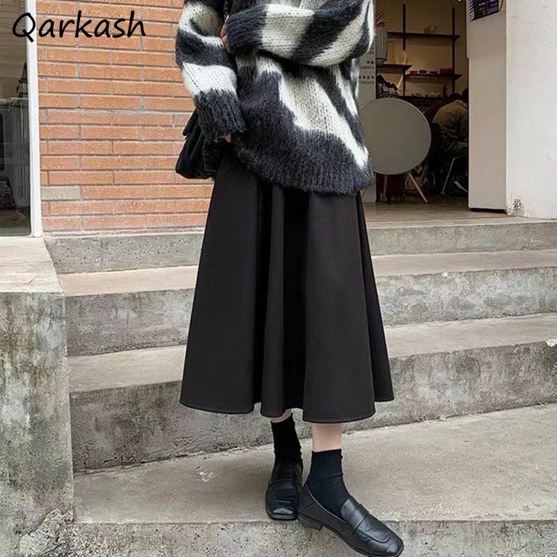 Midi Skirts Women Autumn Winter Simple Japanese Style A-line High Street Pure Color All-match Empire Fashion Elegant Female Chic