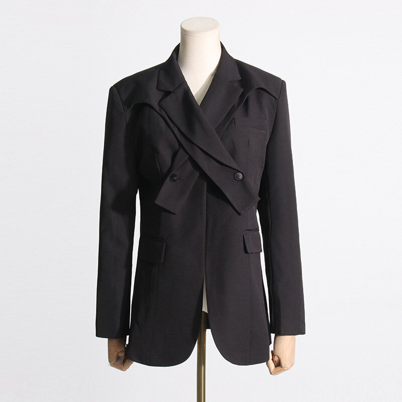 Blazer de peito único para mulheres, jaqueta de senhora do escritório, casaco de trabalho, gola cruzada irregular, trabalho formal, preto, 1 pc