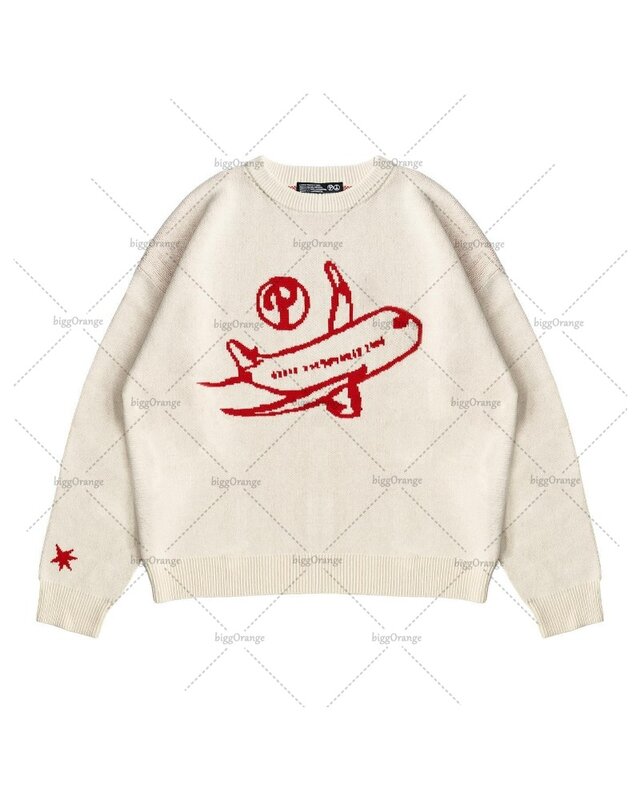 Y2k Harajuku Retro Trendy Brand Clothing Fashionable Aircraft Pattern Knitted Sweater Men Hip-hop Rock Oversized Pullover Women