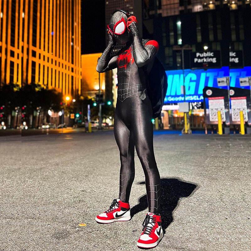 Miles Morales Spiderman Kostüm Maske Spinne Mann Miles Morales Cosplay Overall Body Halloween Kostüme für Aldult Kinder