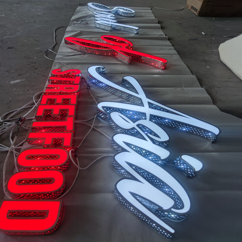 Letreros de letras de canal LED iluminados frontales y laterales hechos a medida, letreros de tienda de letras de canal perforadas