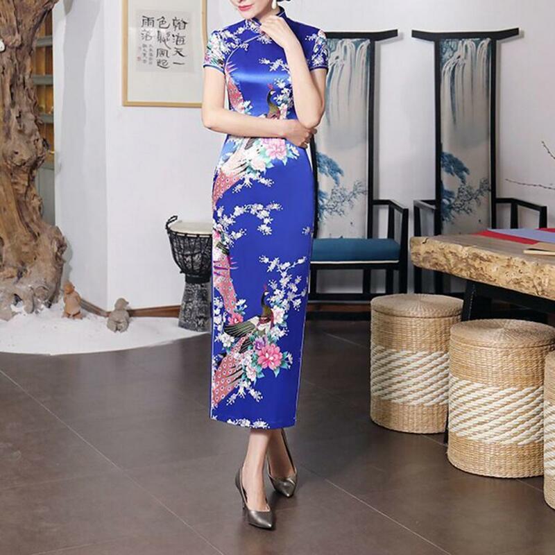 Gaun Cheongsam nasional Cina wanita, Gaun cetakan bunga kerah berdiri dengan belahan sisi tinggi untuk musim panas