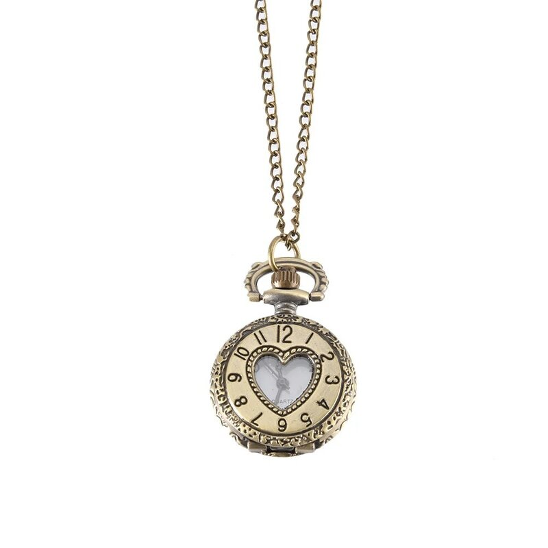 Relógio de bolso do vintage cor bronze relógio de quartzo legal corrente oco amor coração relógios ll @ 17