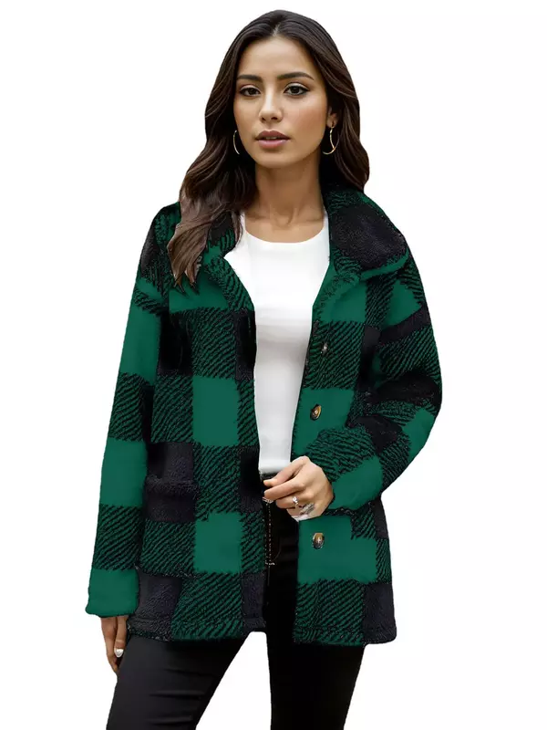 Autumn and Winter Women's Polo Collar Plaid Contrast Button Pocket Flocking Long Sleeve Cardigan Coat Fashion Casual Tops