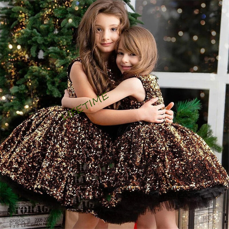 Brown Sequined Flower Girl Dresses Sleeveless Bitthday Dress Tutu Dance Scoop Christmas Gown with Black Bow فساتين اطفال للعيد