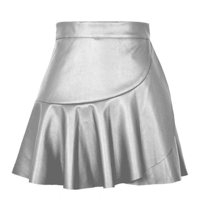 Falda de media abertura con cremallera para mujer, minifalda de cintura alta con cremallera, dobladillo con volantes, Color sólido, cuero Artificial para fiesta