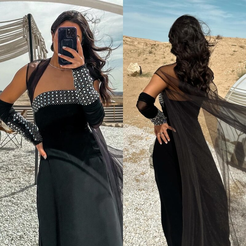 Gaun Prom Arab Saudi gaya Modern Formal malam tanpa tali A-line manik-manik Tulle Satin Bespoke gaun acara