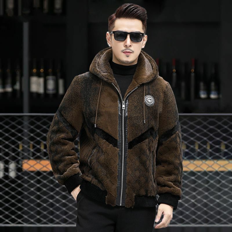 Casaco de pele de guaxinim real masculino, jaqueta de couro grande, boné longo novo, outono e inverno, Z85