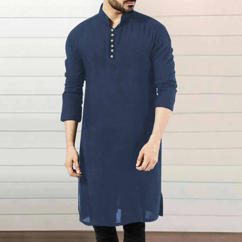 Men's Casual Muslim Robe Solid Color Stand Neck Long Sleeve Button Jubba Thobe Islamic Arabic Pakistani Indian Loose Male Robe