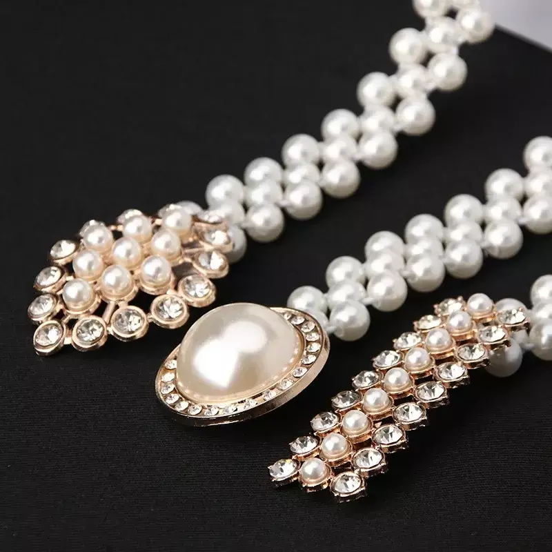 Elegantes cinturones con hebillas de lazo con perlas de imitación y diamantes de imitación, pretina elástica para vestidos y fajas, accesorios de ropa para mujer