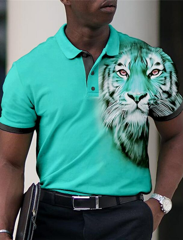 Polo de solapa con botones para hombre, camisa de Golf, estampado gráfico de tigre Animal, ropa de manga corta para calle al aire libre