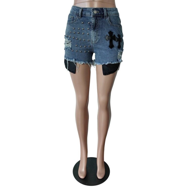 Damskie spodenki z nitem z frędzlami jeansowymi wiosna lato 2024 modny guzik na zamek Casual wszystkie dopasowane krótkie spodnie Y2k hipsterskie w stylu Streetwear