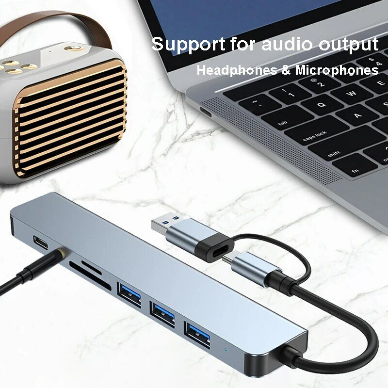 ฮับ8-in-2 USB 3.0 USB C สถานีท่าเรือฮับ5Gbps ความเร็วสูง USB Splitter Type C ไปยัง USB OTG Adapter สำหรับ MacBook Pro