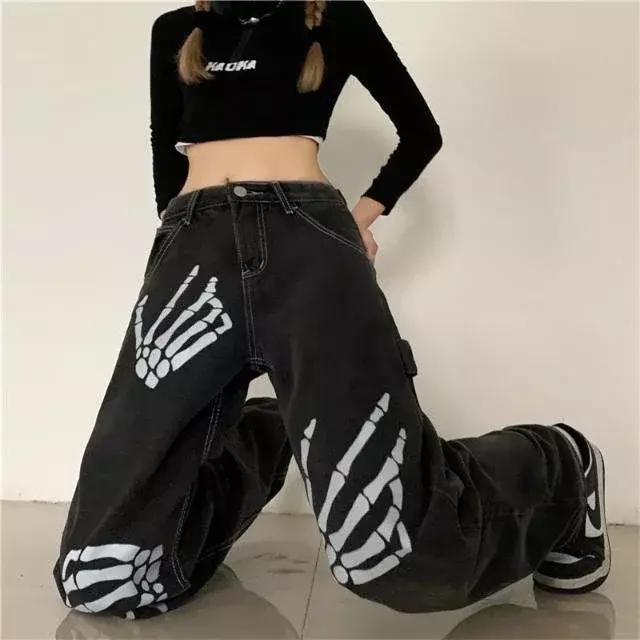 Best Sellers Retro Skull Hand Jeans Streetwear Baggy Slouchy Jeans Clothes Women Y2k High Quality Loose Straight Wide Leg Pants