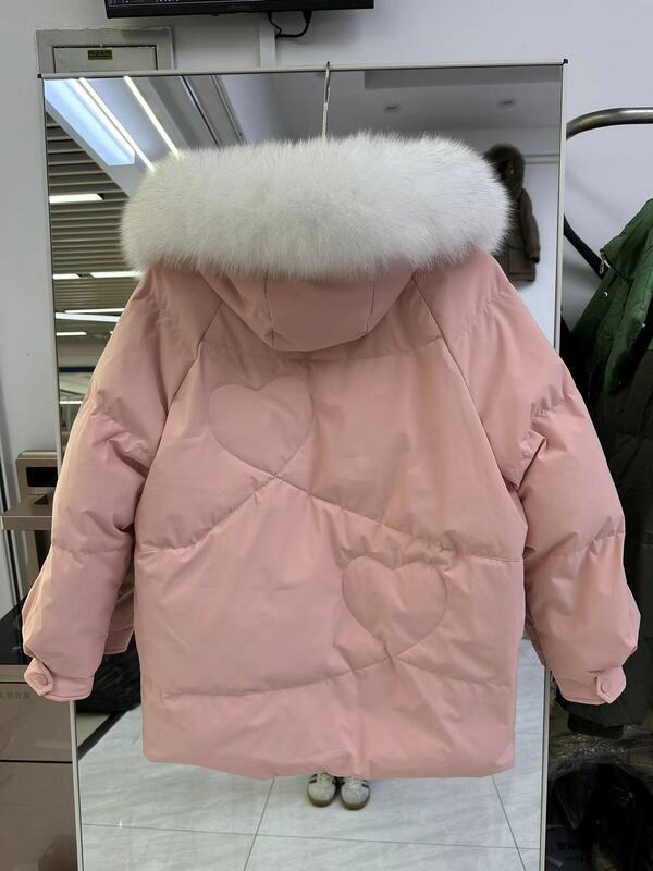 Jaket bertudung untuk wanita, jaket setengah panjang kerah bulu tebal besar Musim Dingin, jaket hoodie modis warna putih bebek bawah