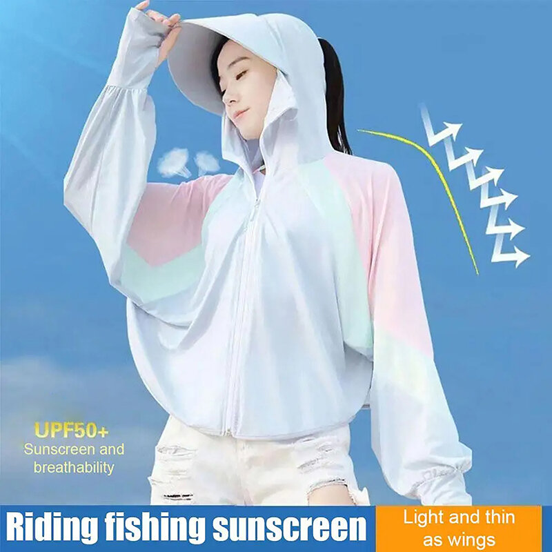 معطف كبير من الحرير الجليدي للنساء ، قبعة واقية من الشمس ، ملابس صيفية ، قميص للحماية من أشعة الشمس ، من خلال قميص صيفي