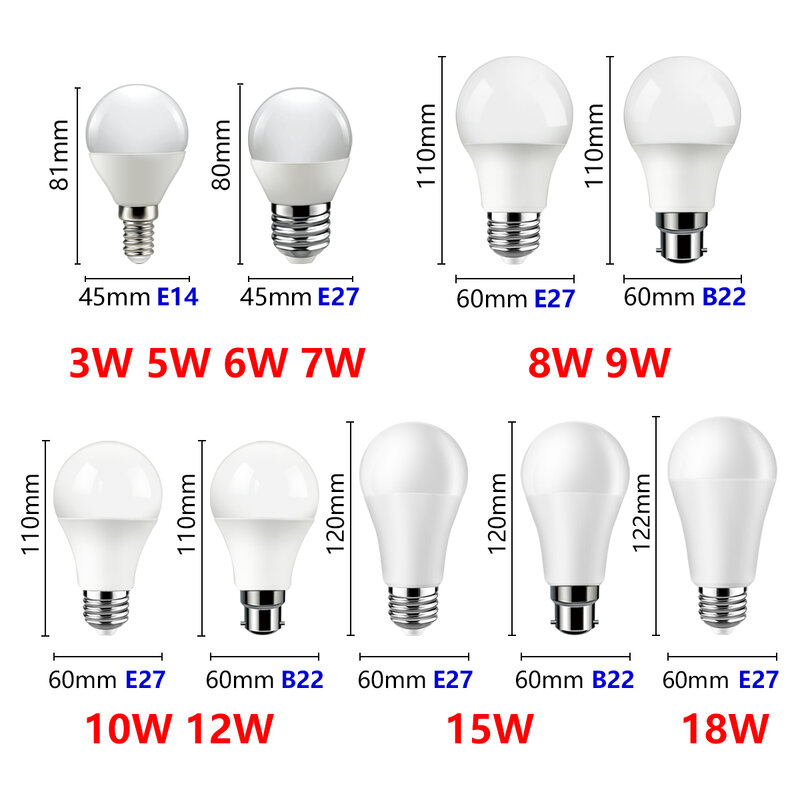 Светодиодные лампы 3-18 Вт, 5 шт., A60, 220 В, Е14, Е27, в22а, с теплым и холодным белым светом, для кухни, офиса и спальни