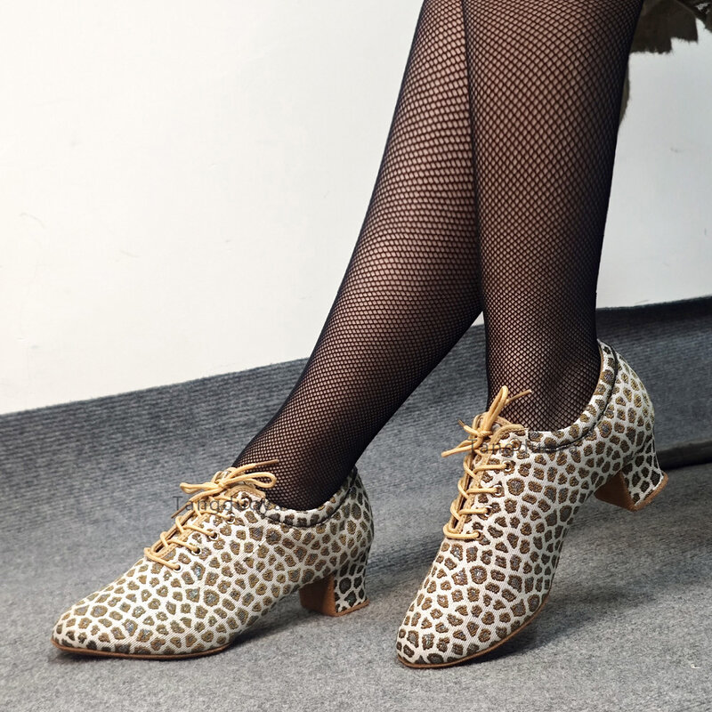 Sapatos Leopardo Latino para Mulheres, Saltos de 5cm, Tênis Dançantes, Jazz, Tango, Salsa, Salão de Baile Moderno, Professor