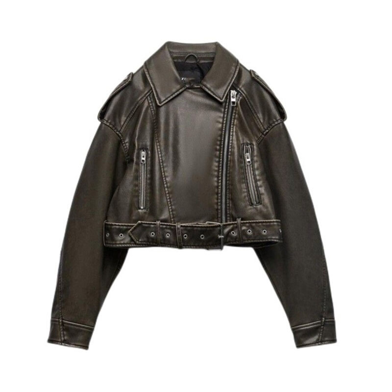 2023 Streetwear Women Retro Leather Jacket Short Coat Turndown Collar Do-old PU Moto Biker Punk Outerwear Female Loose Coats