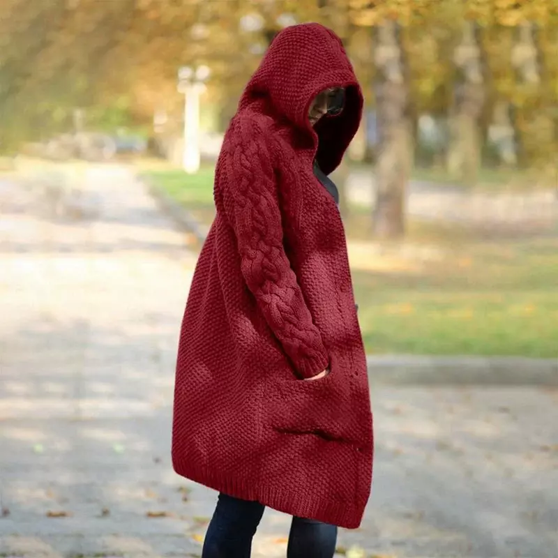 Übergroße Frauen Winter gestrickte Kapuze Strickjacke Pullover Damen lose warm verdicken einreihige Strickwaren Mantel weibliche Oberbekleidung