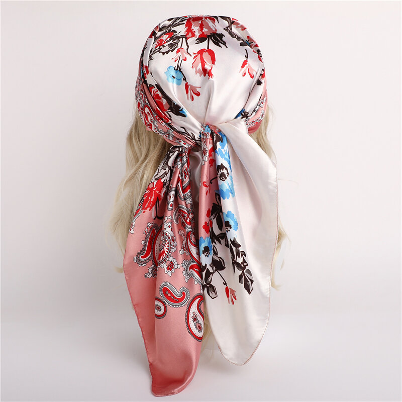 New 90cm Square Scarf for Women Luxury Print Silk Satin Neck Tie Female Hair Bandanda Head Kerchief Hijab Shawl Wraps 2022