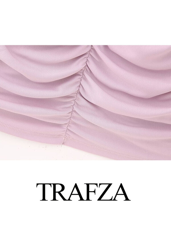 Trafza-女性のためのエレガントなVネックストラップレスドレス,ノースリーブ,ホルター,ジッパー,プリーツ,単色,スリム,セクシー,サマーファッション