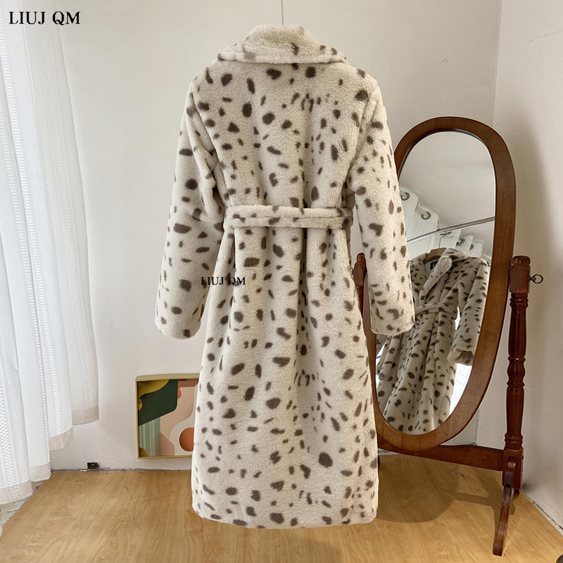 女性のためのヒョウ柄の毛皮のコート,長くて厚い,暖かい,大きいサイズ,秋と冬