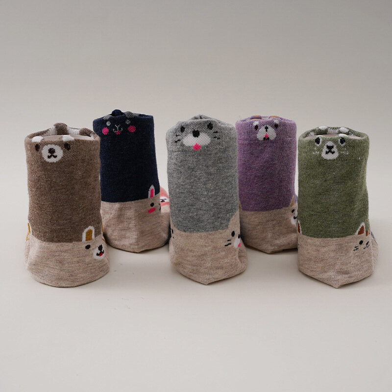 Women's Socks with Cat and Dog Patterns, Female's Cotton Socks, Casual Stripes, Medium Length Socks