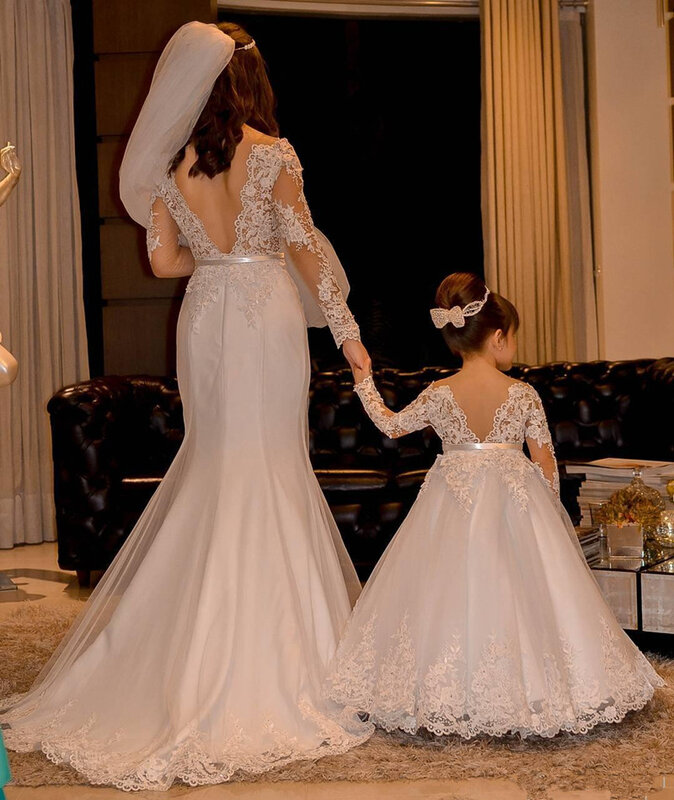 Цветочные платья для девочек на свадьбу, кружевные платья принцессы с длинным рукавом и открытой спиной для первого причастия, яркое платье для девочек