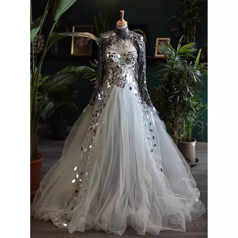 Gaun malam berpayet kristal mewah gaun pesta Prom kontes gaun A-Line panjang selantai lengan panjang kerah tinggi modis