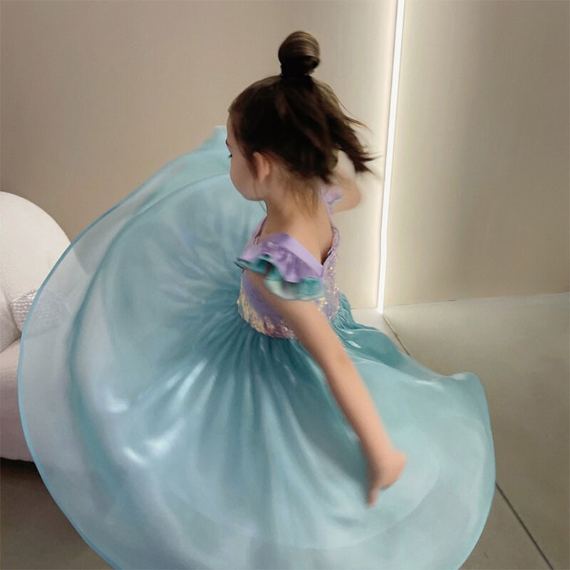 Ragazze estate nuova sirena canotta vestito per bambini alla moda a maniche corte vestito da principessa spettacolo teatrale vestito da principessa